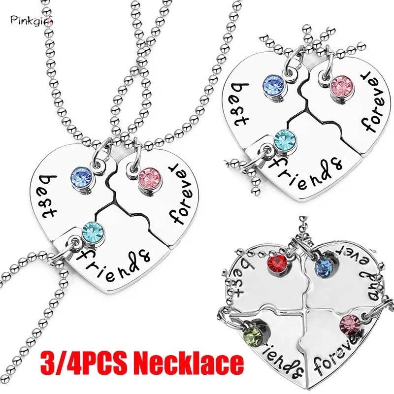 【Hottest Trends】 3/4 Pcs Fashion Creative Sweet Friends Love Heart Shaped Puzzle Pendant Necklace Women Girl New Trendy BFF Friendship Rhinestone Necklaces Jewelry