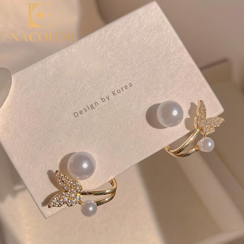 Enacolor Korean New 2026 Crystal Pearl Butterfly Earrings for Women Girl Party Jewelry