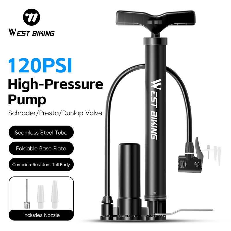 WEST BIKING Portable MTB Road Bike Pump 120PSI High Pressure Double-Cylinder Tire Inflator Basketball Football Bike Accessories