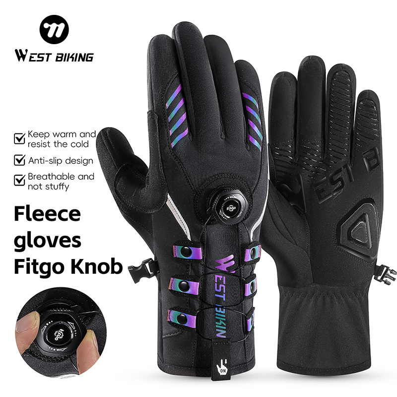 West Biking Winter Cycling Gloves Reflective Thermal MTB Motorcycle Touch Screen Warm Sport Gloves with Rotating Lacing Buckle