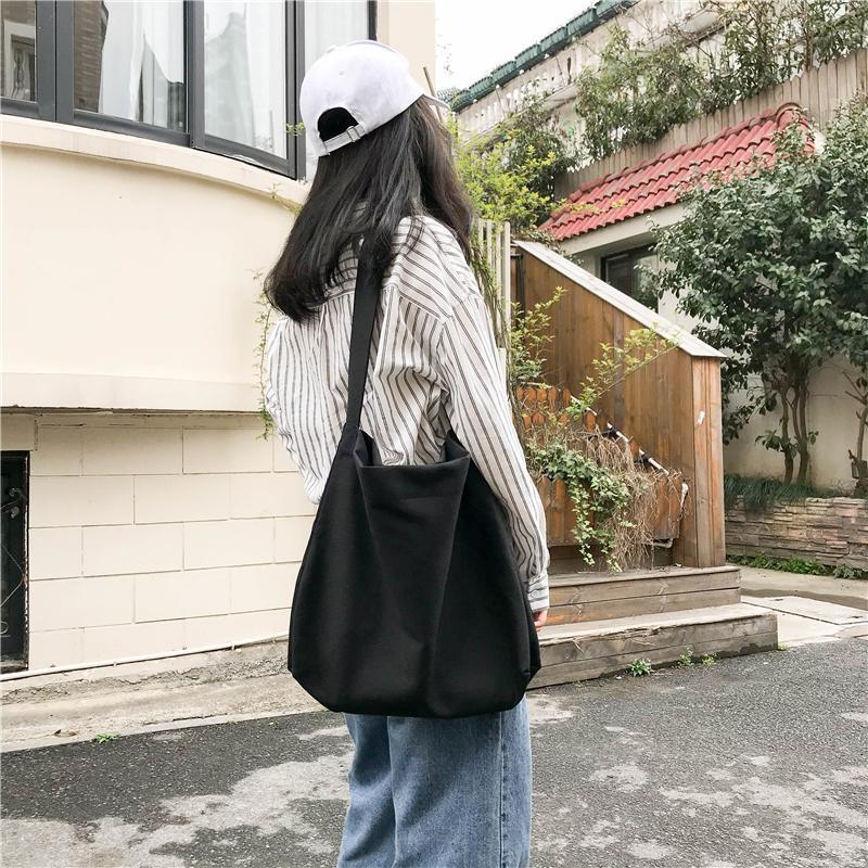 Korean Chic Solid Color Simple Canvas Bag Ulzzang College Style Single Shoulder Large Bag Student Women Shopping Bag