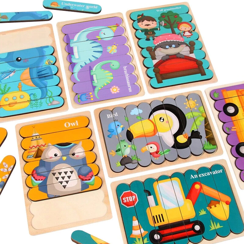 HOT Double-sided Kids Wooden Puzzle/2in1 Creative Strip Puzzle Jigsaw Toy for Children/Animal Vehicle 3D Stacking Puzzle/Montessori Early Learning Toy/Early Education Puzzle