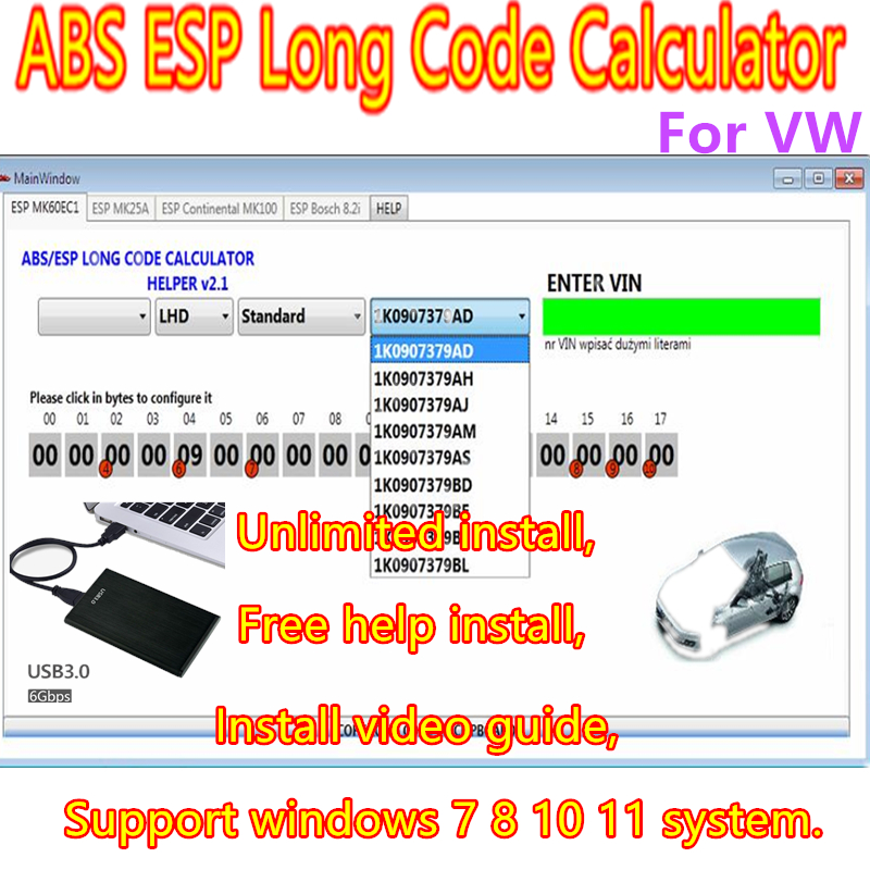 NEW 2023 hot sell for VW ABS ESP Long Code Calculator Helper MK60EC1 for VW abs esp software+ install video guide + free help instal