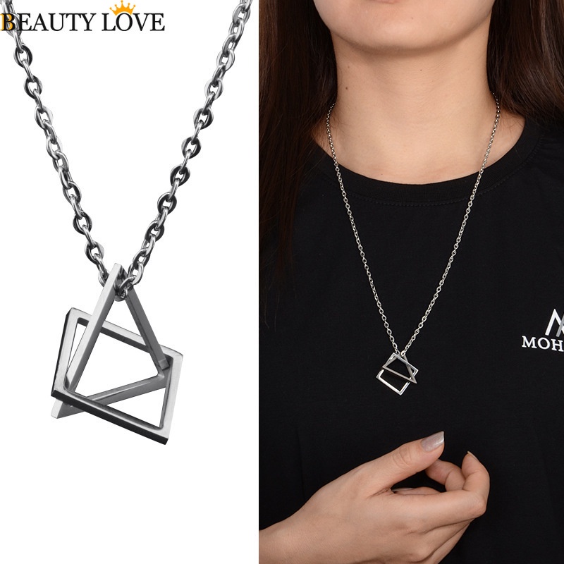 【No-Questions-Asked Refund】 Interlocking Square Triangle Combination Pendant Necklace / Men Modern Simple Trendy Geometric Stacking Streetwear Hip Pop Rock Style Couple Necklace