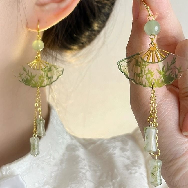 New Chinese Style Transparent Folding Fan Green Bamboo Earrings for Women, Niche Ancient Style Hanfu Bamboo Knot Earrings 2024 Trendy Earrings