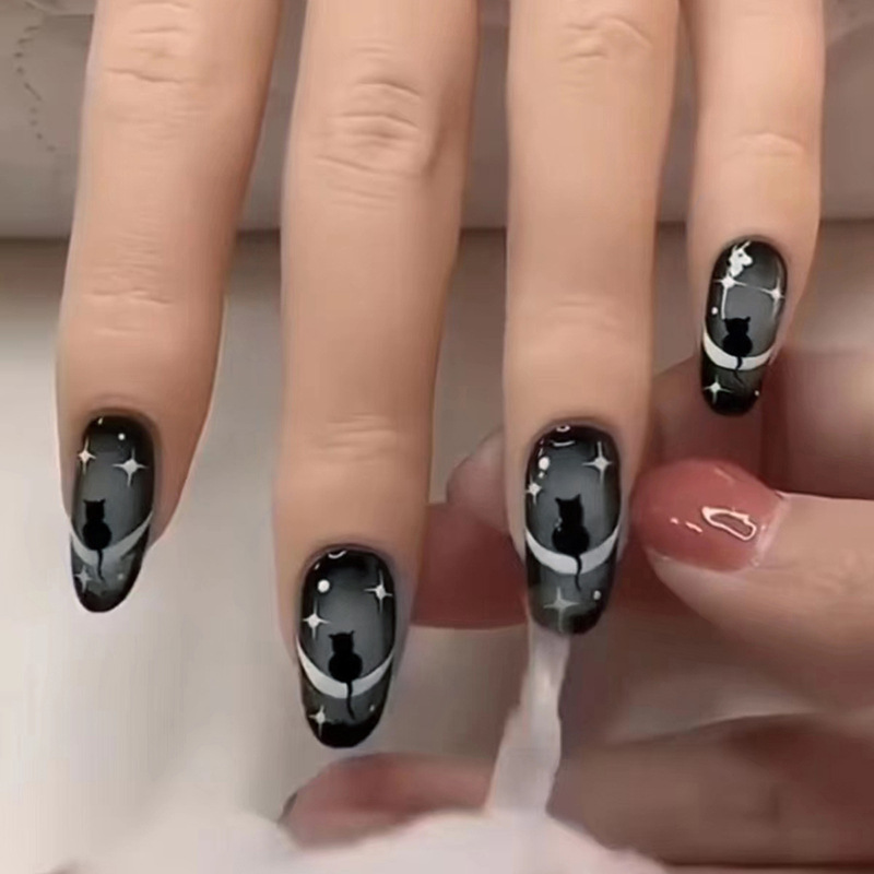 Y2k Black Nail Long Ballet Reusable Press on Set Nails Gradient Dark Acrylic Artificial False Nails Art Tip for Women 24pcs
