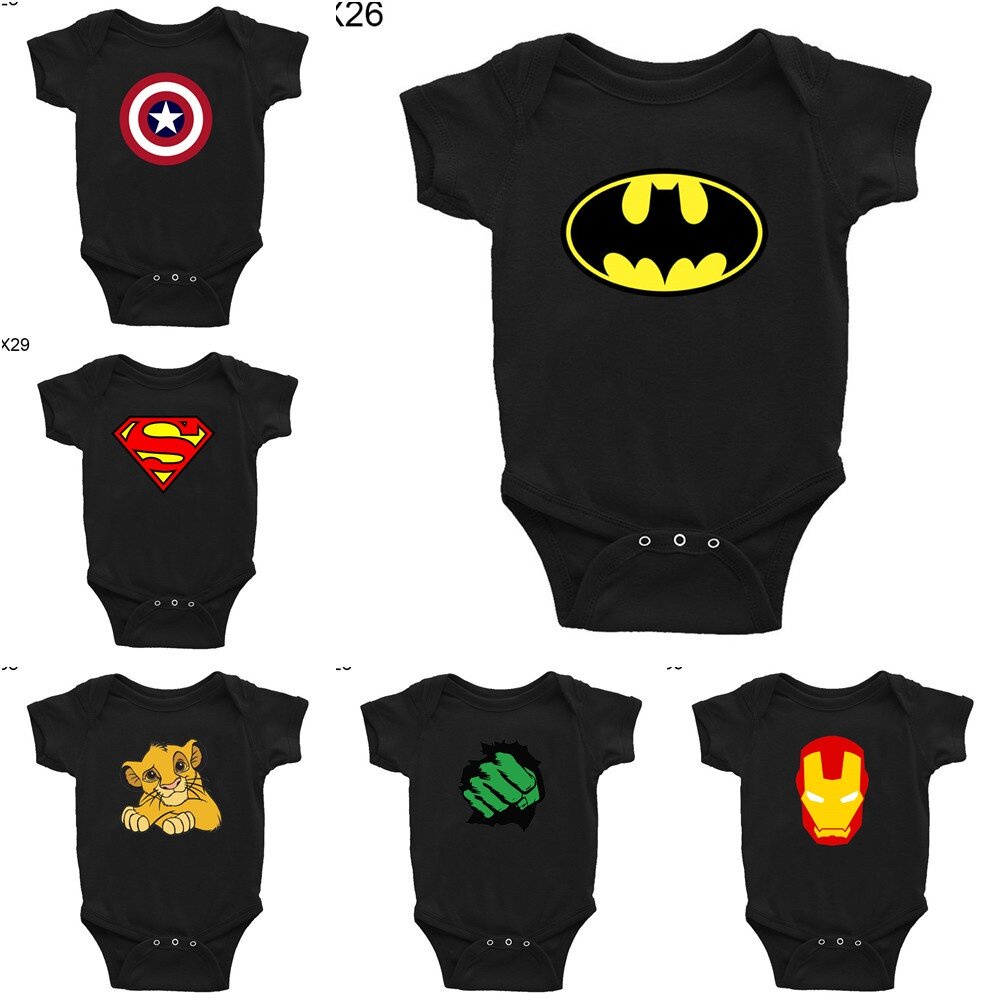 Cartoon Print Super Hero Baby Romper Overall Costume 0-24M Summer Newborn Infant Boy Clothes Toddler Black Cool Jumpsuit UUOR