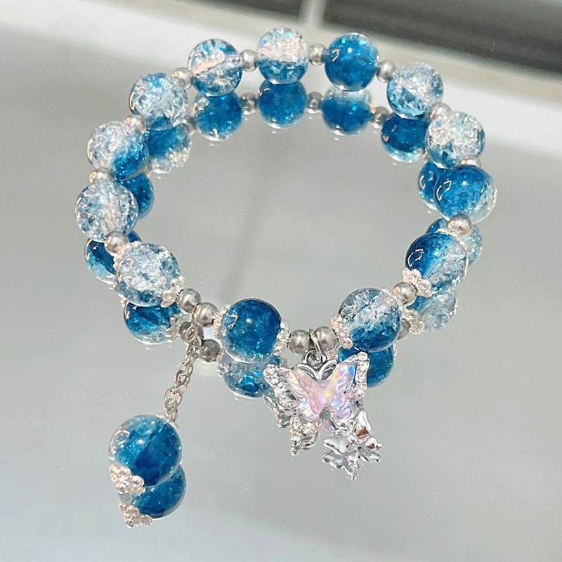 Exquisite Butterfly Ice Crack Gradient Glaze Crystal Beaded Bracelet For Women Girls Elastic Sweet Cute Bangle Fashion Jewelry XIEGONG