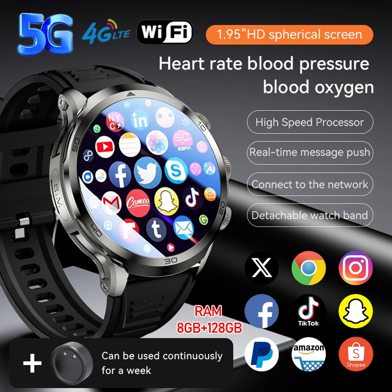 5G/4G Full Network Smart Watch 1.95 inch 720*720 Big Screen HD Video Call 8GB+128GB RAM Smartwatch Google Play WIFI GPS Card