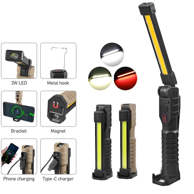 Multifunctional Portable COB LED Work Light Bottom Strong Magnet 7 Modetype C Rechargeable Flashlight Super Bright Lantern