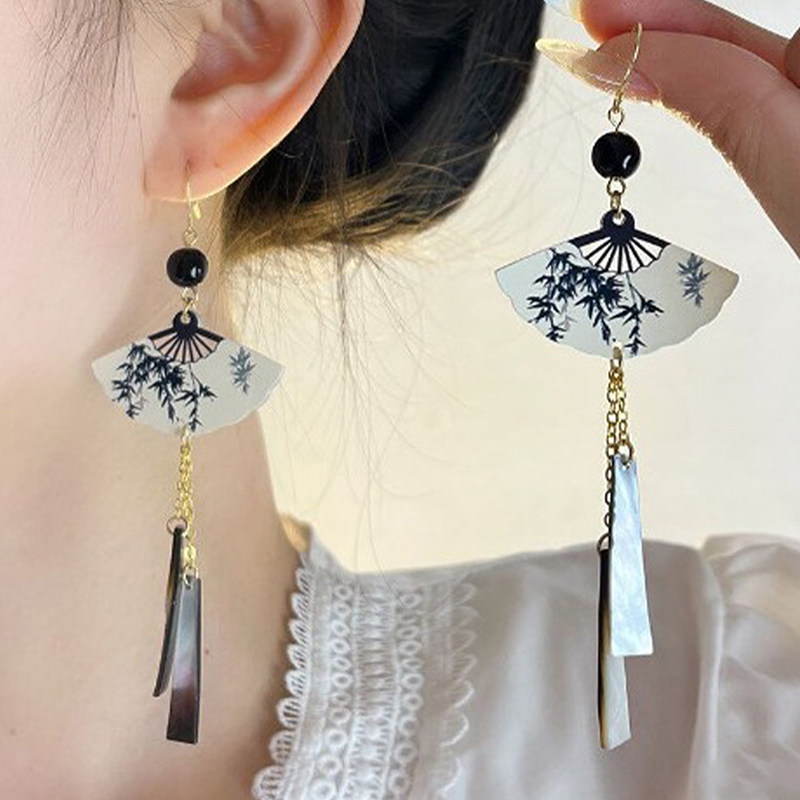 1Pair Chinese Style Vintage Fan Pendent Long Tassel Earrings For Women Girls National Style Temperament Earrings Jewelry Gifts ZHANGNA