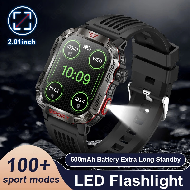 LIGE New Smart Watch Men LED Flashlight 600mAh Wireless Calling Smartwatch Blood Pressure Monitor Compass Sports Tracker Watches