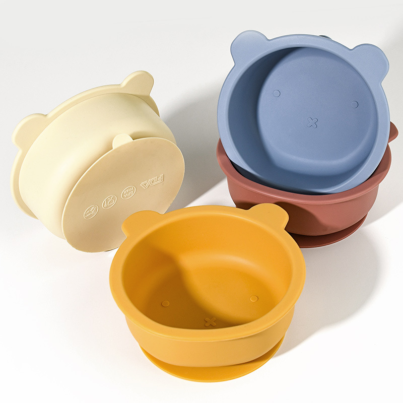 Children's Silicone Bowl Food Grade Cartoon Bear Integrated Baby Plate Infant Learning to Eat Tableware with Suction Cup Bowl