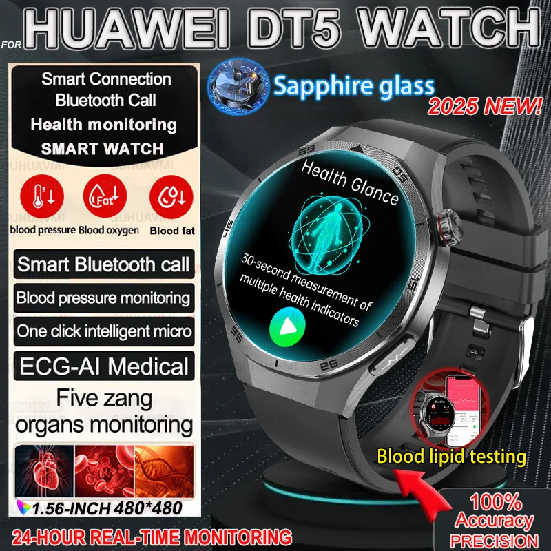 2025 For DT5 Pro AMOLED Smart Watch Men ECG Micro Physical Examination Heart Rate Blood fat uric Acid Man NFC Smartwatch