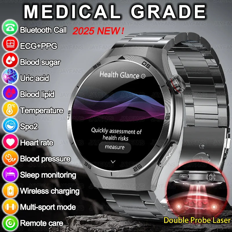 For iOS Medical Grade Smart Watch Men ECG+PPG+HRV Blood Sugar BP Lipid Uric Acid AMOLED HD Screen BT Call NFC Smartwatch