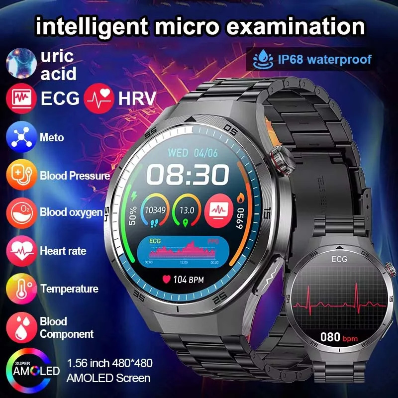 2025new For Health Smart Watch AMOLED Screen ECG Blood Pressure Men's Three Highs Uric Acid Bluetooth Call Smartwatches