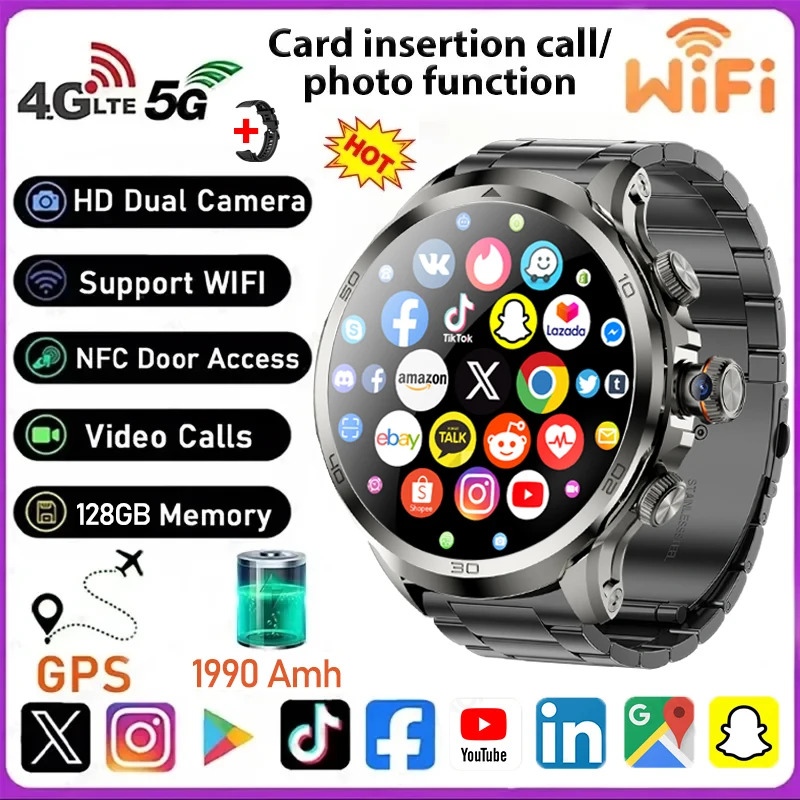 8GB+128GB RAM 5G/4G Android 9.0 Smart Watch 1.95 inch AMOLED 1990mah Battery 900W Camera GPS WIFI Google APP Download Smartwatch