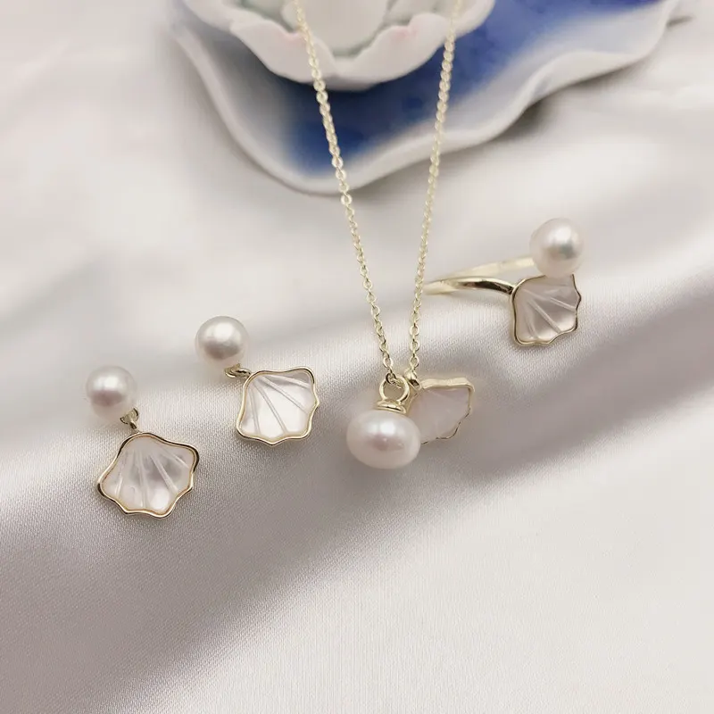 Retro Shell Pearl Earrings Necklace Ring Set Elegant Ladies Wedding Jewelry Gift Qoddess
