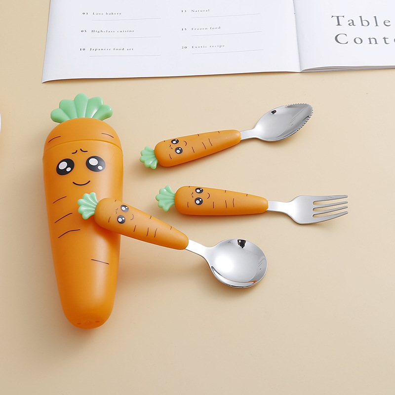In Stock Cartoon Carrot Tableware Stainless Steel Spoon Fork Scraper Children's Spoon Portable Children's Tableware with Plastic Handle and Box