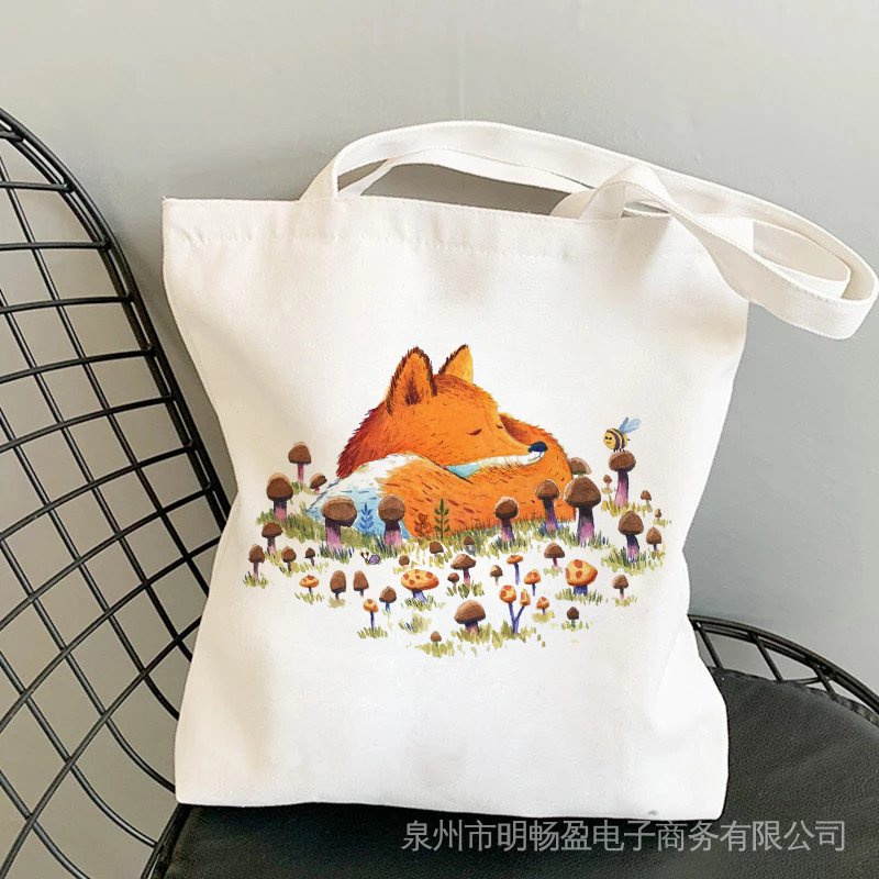 Kawaii Fox Cartoon Print Women Vintage Casual Chic Women Castle New Fashion Large Capacity Canvas New Goth Shoulder Bags HNHW
