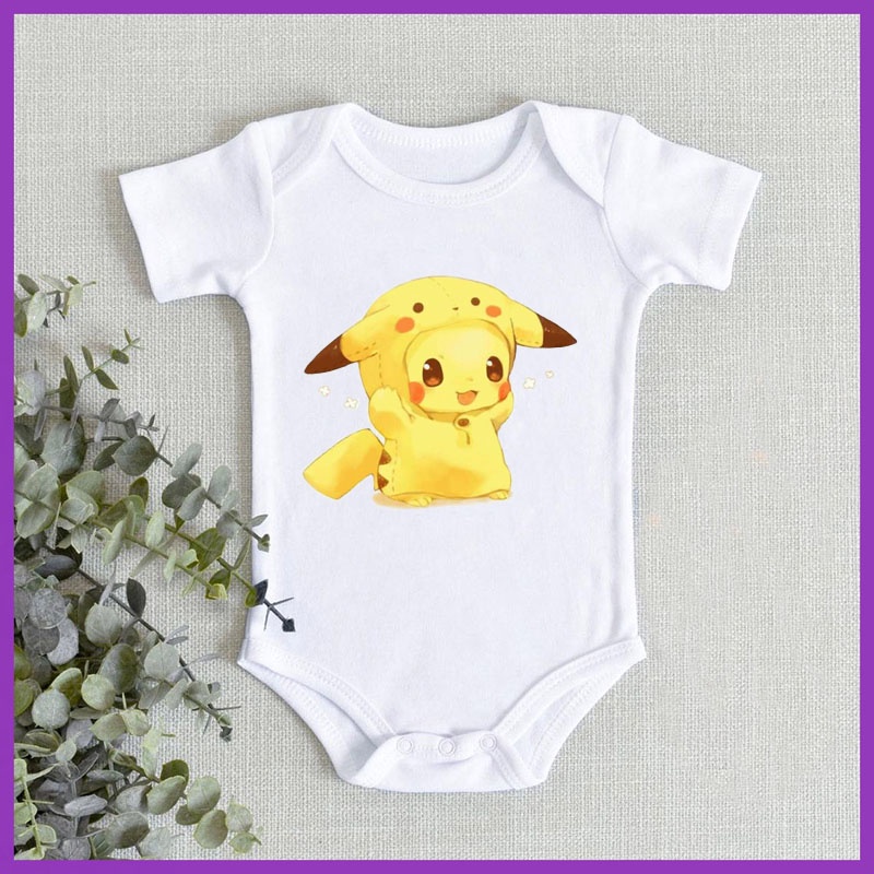 Pokemon Pikachu Newborn Pure Cotton Breathable Butt Jumpsuit 0-24 Months Summer Infant Children Half-Sleeved Clothes Romper Men Women Baby Thin Short-Sleeved Butterfly Printed DQGJ