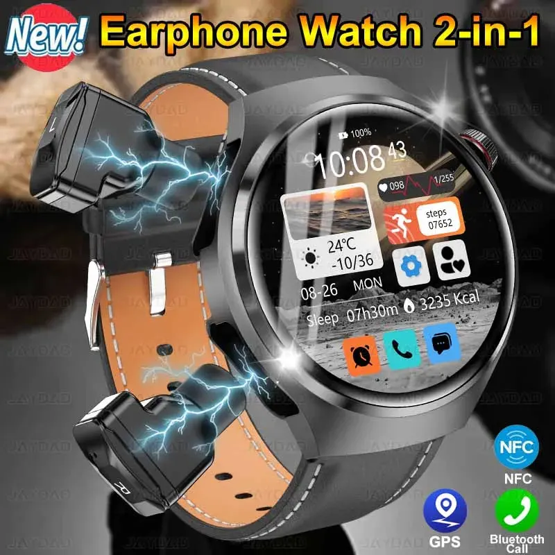 New NFC Headset Smart Watch 2 in 1 TWS Wireless Headphone Local Music Call Men SmartWatch Health Monitoring Waterproof GPS Watch
