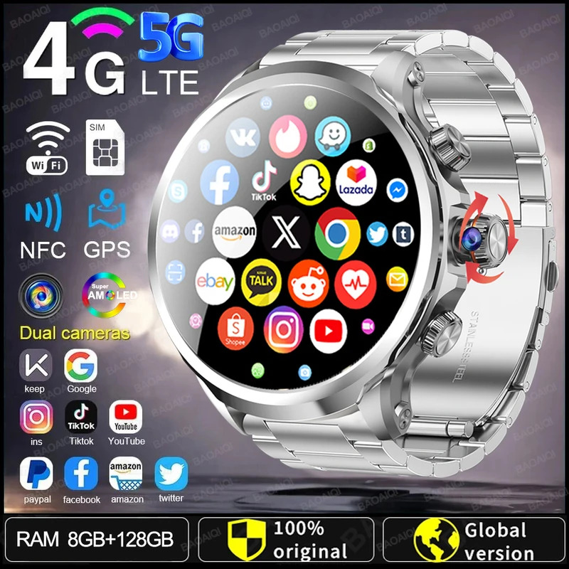 5G/4G Android 9.0 Smart Watch 1.95 inch AMOLED 1880mah Battery 900W Camera 8GB+128GB RAM GPS WIFI Google APP Download Smartwatch