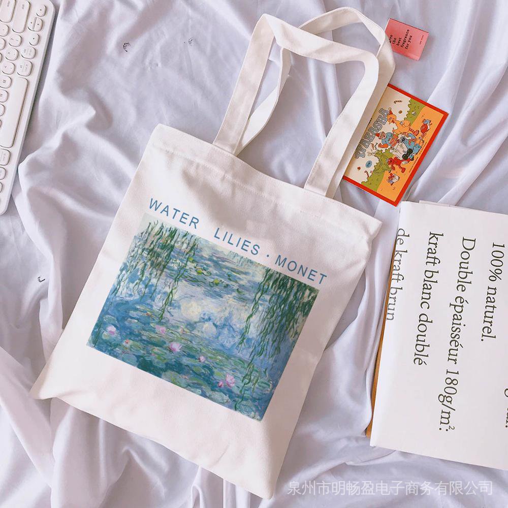 Casual Van Gogh Letter Cartoon Printed Canvas Shoulder Bag Woman New Harajuku Ulzzang Vintage Large Capacity Shoulder Bag E9WC